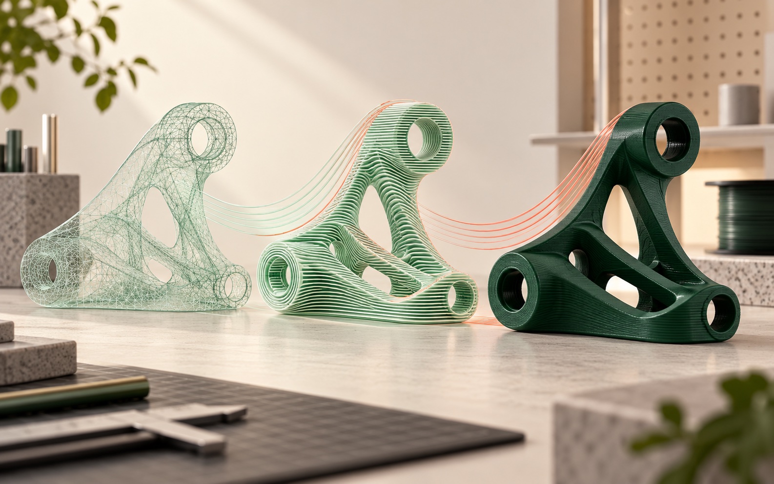 Modello 3D che evolve da mesh trasparente a geometria ottimizzata attraverso percorsi di livello