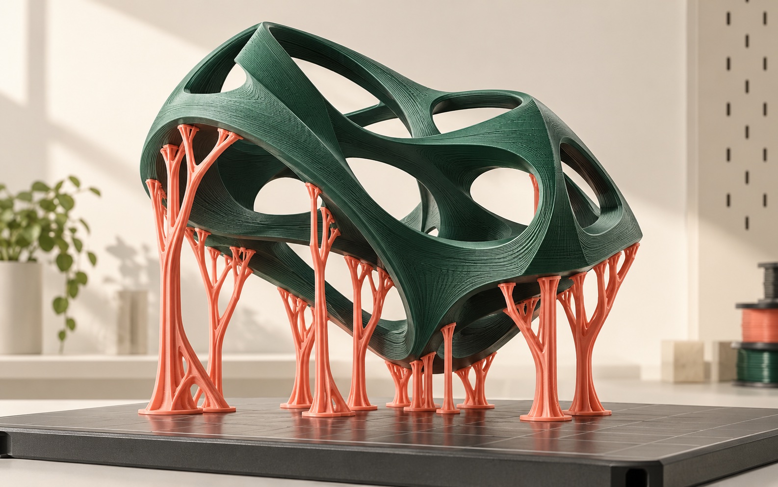 Modello 3D verde sostenuto da supporti ramificati color corallo su un piano di stampa
