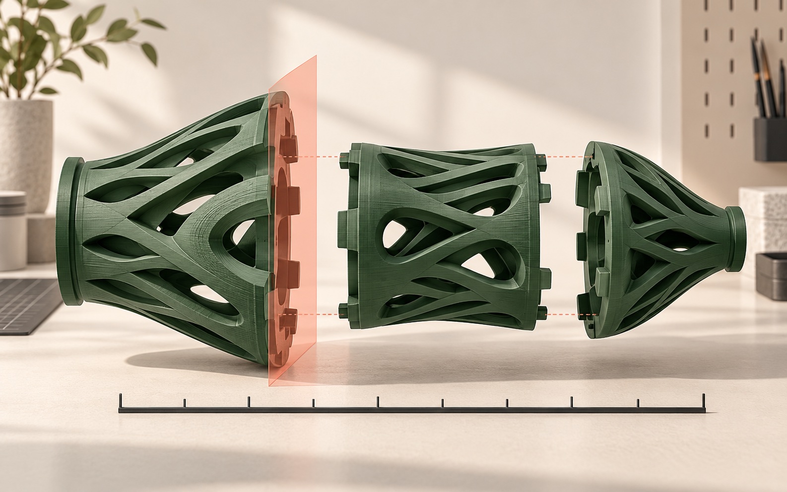 Modello 3D suddiviso in tre parti allineate con giunti e piano di taglio color corallo