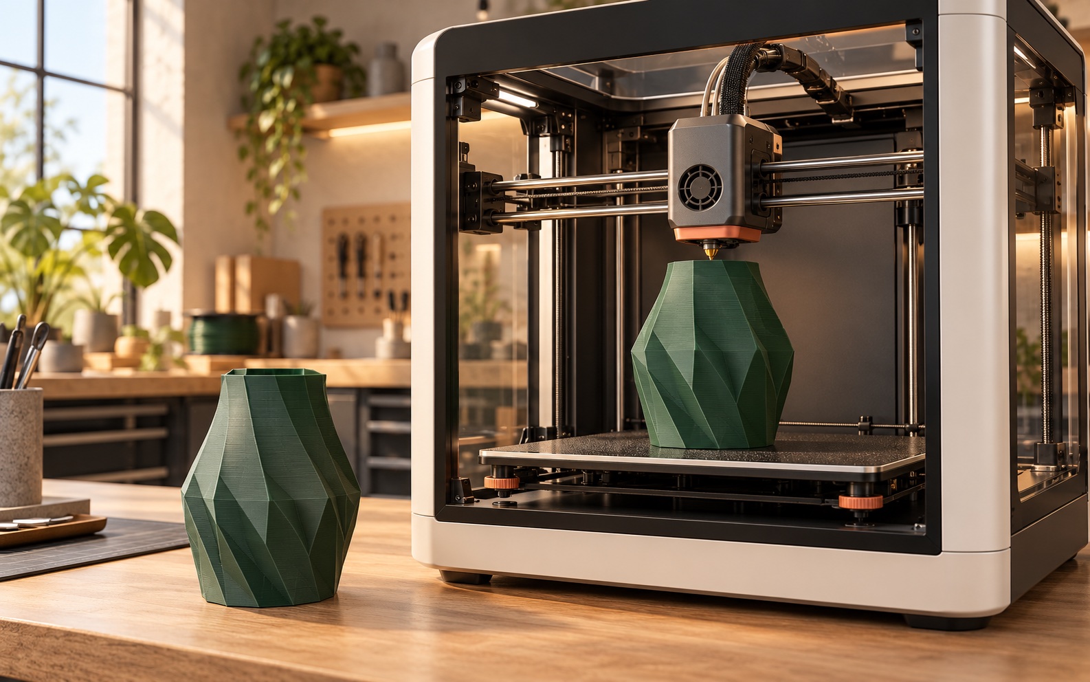 Stampante 3D FDM durante la produzione di un oggetto verde con un esemplare finito accanto