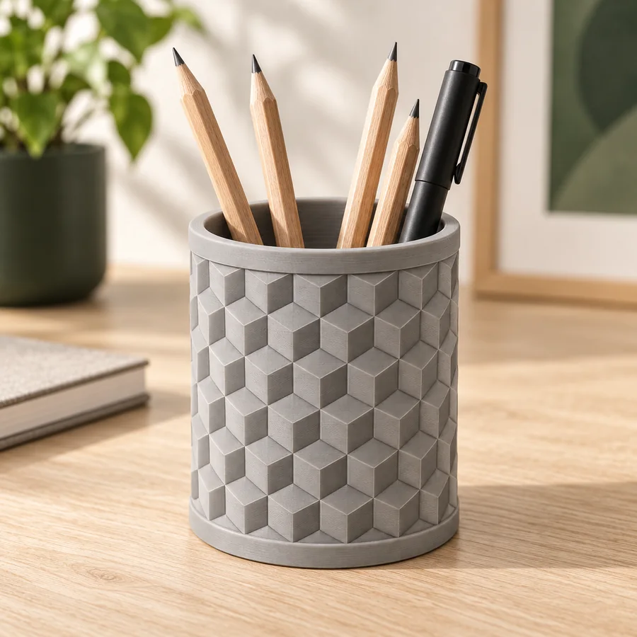 Mockup ambientato di Portapenne geometrico a trama cubica