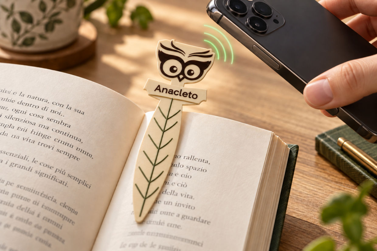 Segnalibro NFC Anacleto inserito in un libro mentre uno smartphone viene avvicinato al tag