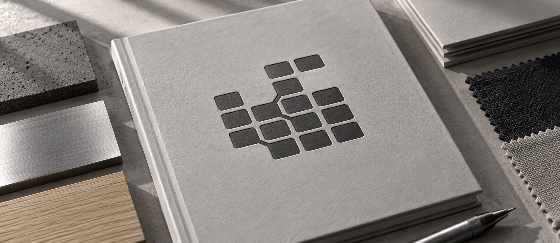 Mockup del marchio modulare COGE su una copertina tecnica