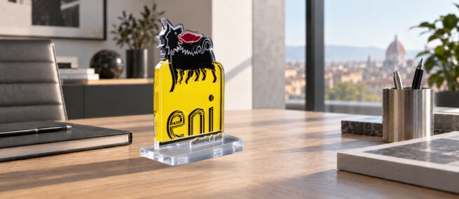 Totem in plexiglas per la comunicazione del restyling Eni su una scrivania moderna