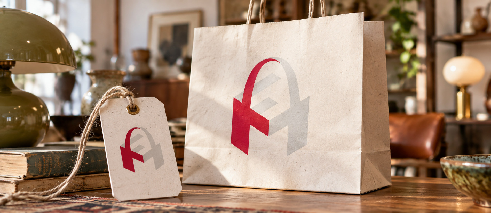 Mockup del marchio Il Mercatino dell'Usato su shopper e cartellino