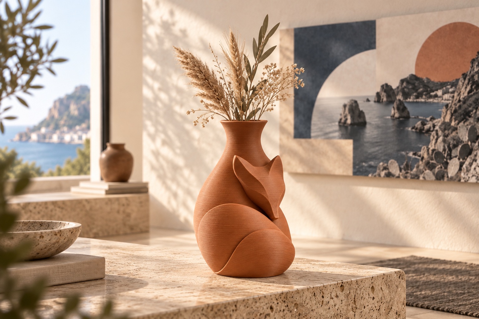 ES3D-R02-009-00-copertina-ambientata Mockup ambientato di Vaso scultoreo Volpe in un interno contemporaneo dai toni chiari.