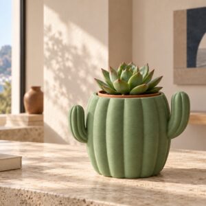 Mockup ambientato di Portavaso a forma di cactus in un interno contemporaneo dai toni chiari.