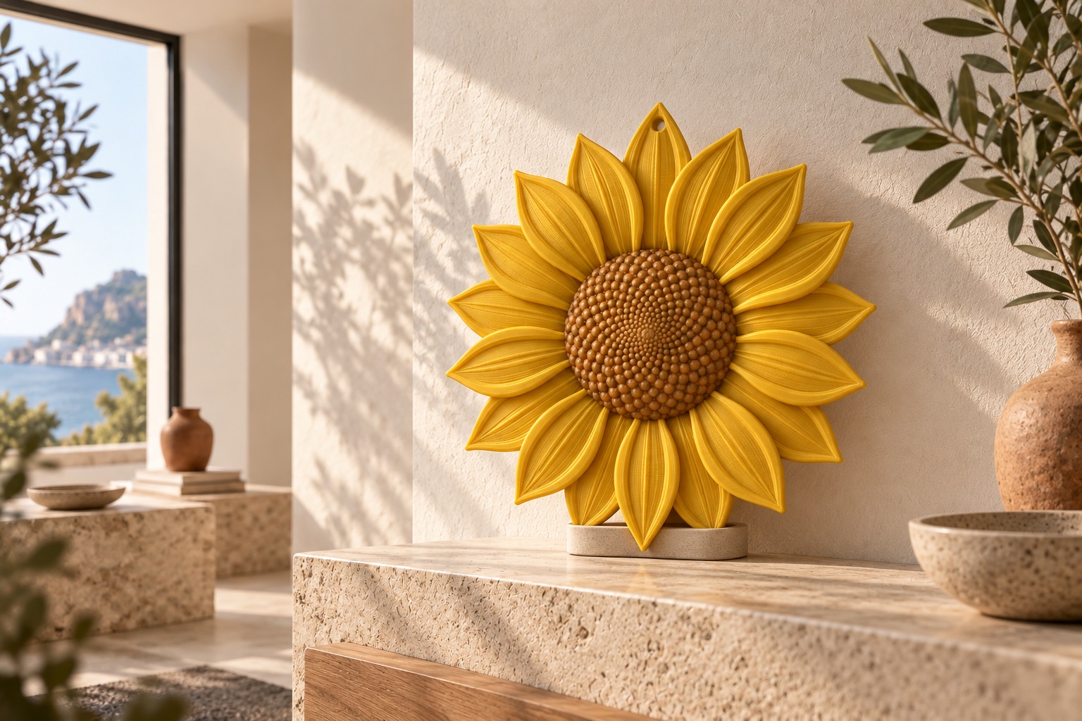 ES3D-R02-013-00-copertina-ambientata Mockup ambientato di Girasole decorativo componibile in un interno contemporaneo dai toni chiari.