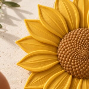 Dettaglio ravvicinato della geometria e della finitura FDM di Girasole decorativo componibile.