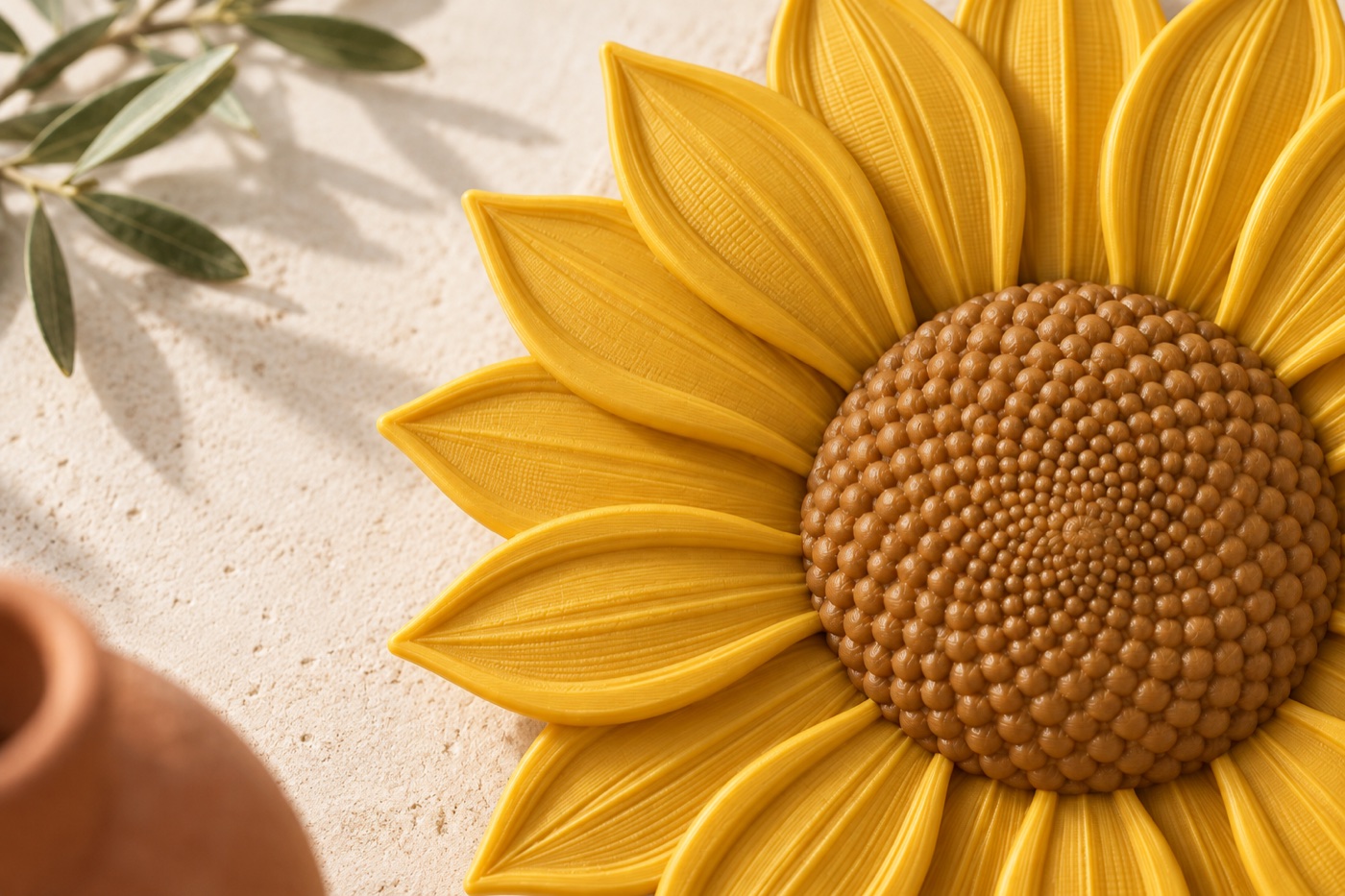 ES3D-R02-013-03-dettaglio-fdm Dettaglio ravvicinato della geometria e della finitura FDM di Girasole decorativo componibile.