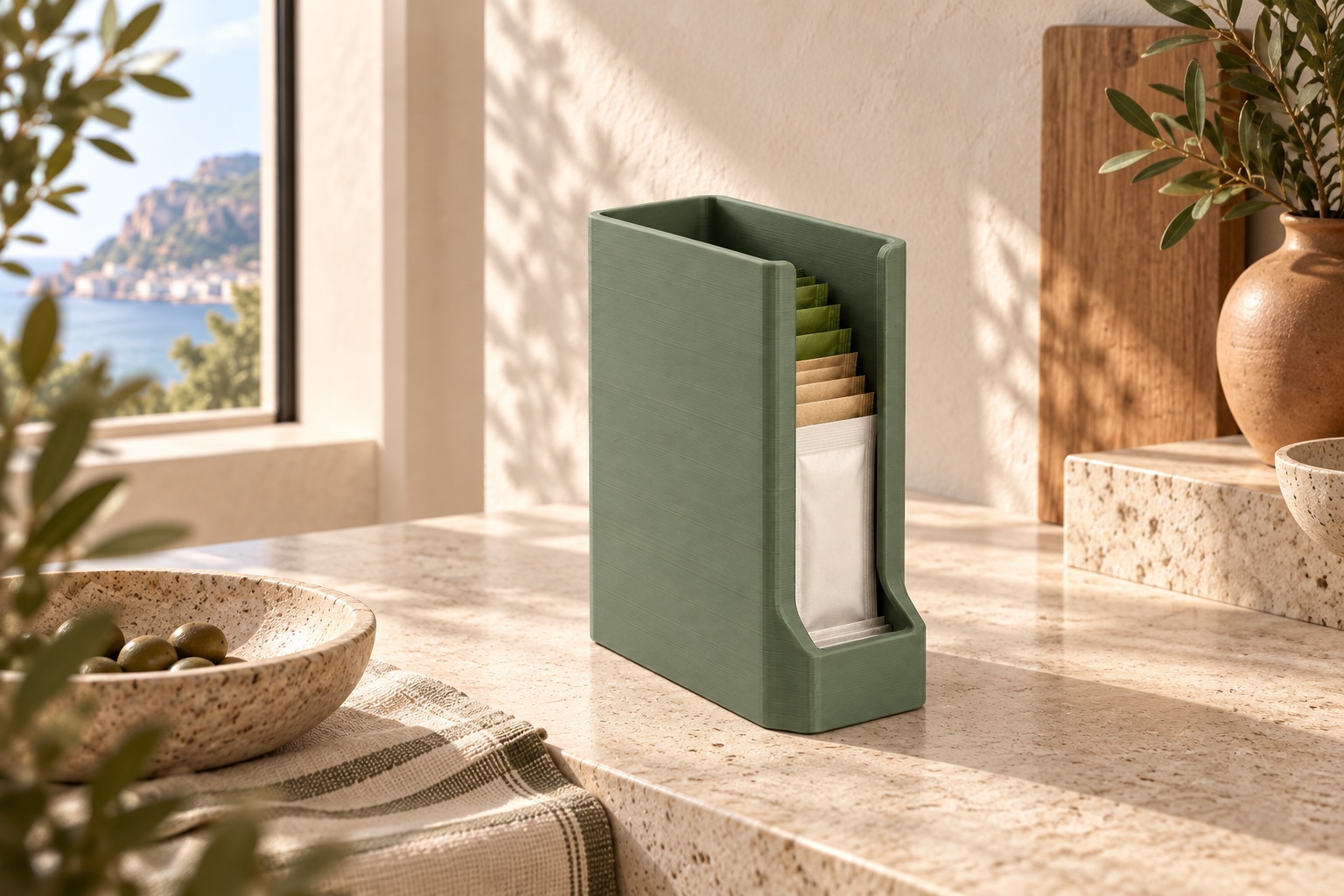 ES3D-R02-014-00-copertina-ambientata Mockup ambientato di Organizer bustine con accesso laterale in un interno contemporaneo dai toni chiari.