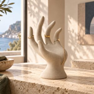 Mockup ambientato di Espositore per anelli e bracciali in un interno contemporaneo dai toni chiari.
