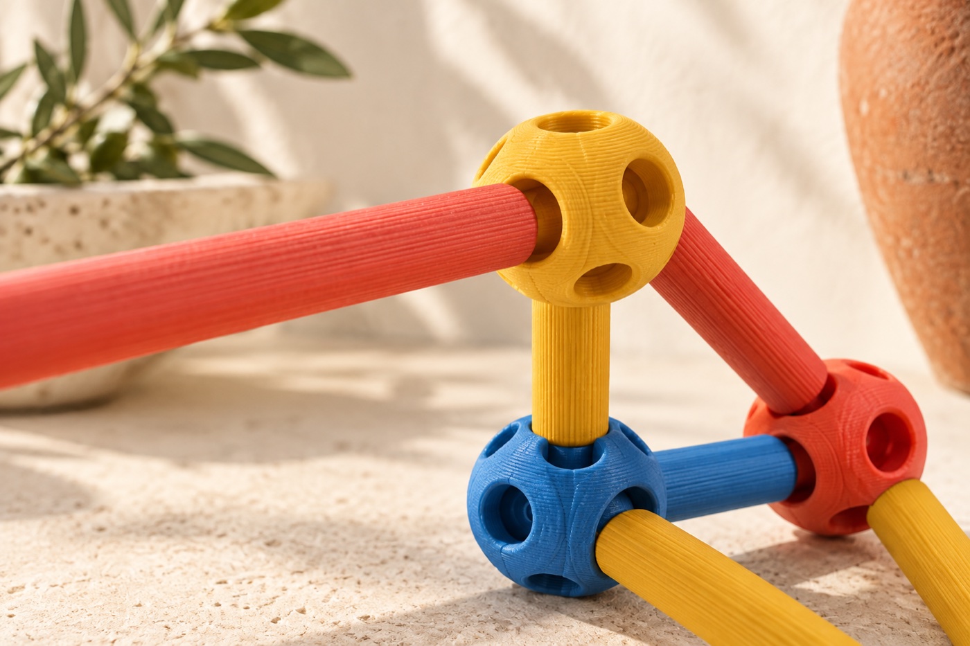 ES3D-R02-018-03-dettaglio-fdm Dettaglio ravvicinato della geometria e della finitura FDM di Set modulare di nodi e aste.